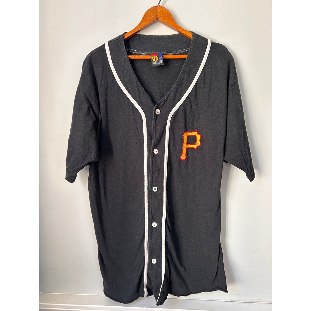 Sun Mens Black Baseball Jersey Button Down Shirt Embroidered P Patch Size M